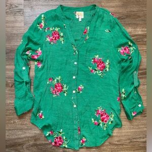 Anthropologie Green Floral Button-Down Shirt